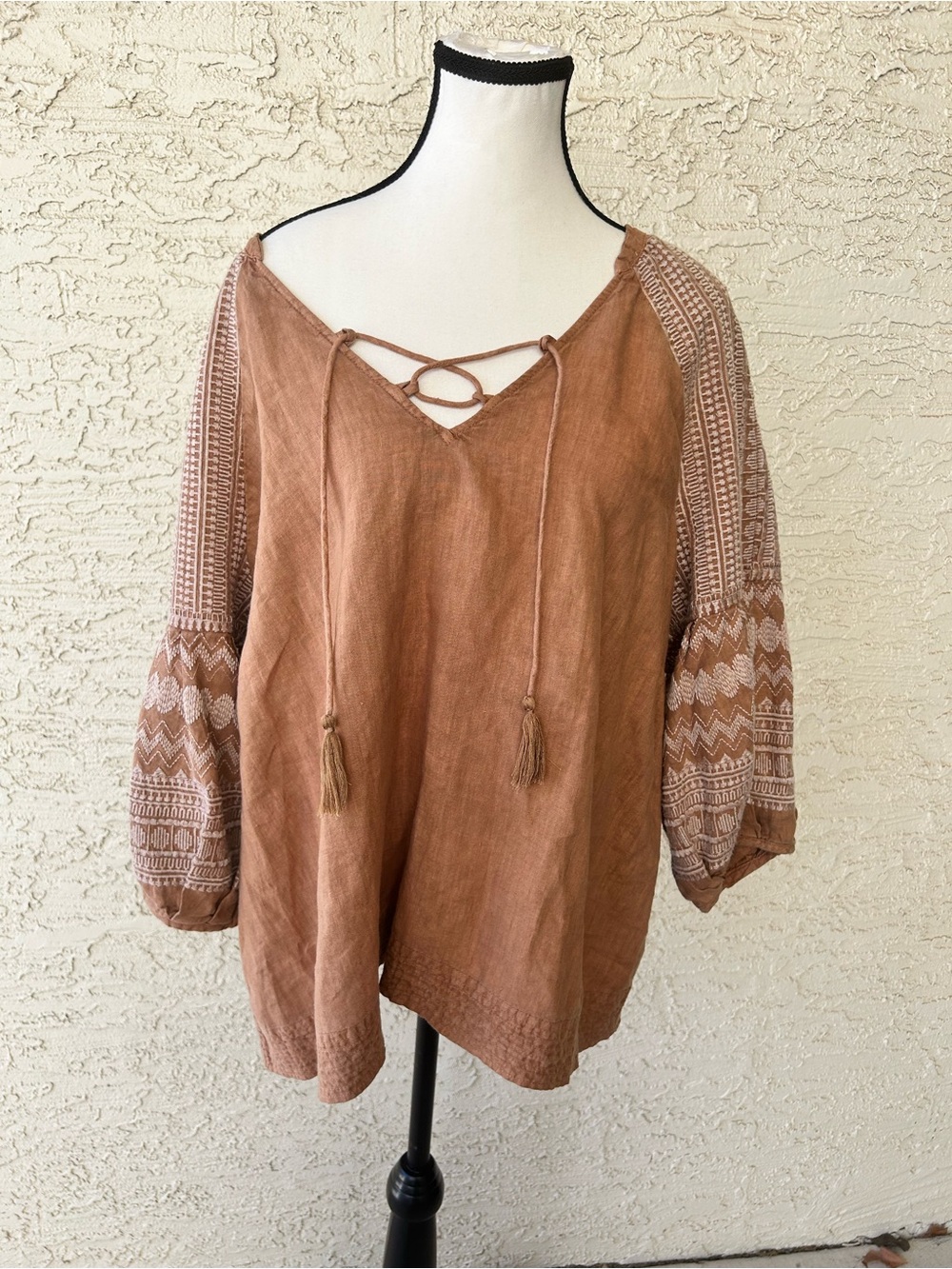 Wrap London Rust-Tan Embroidered Lace-Up Peasant Tunic